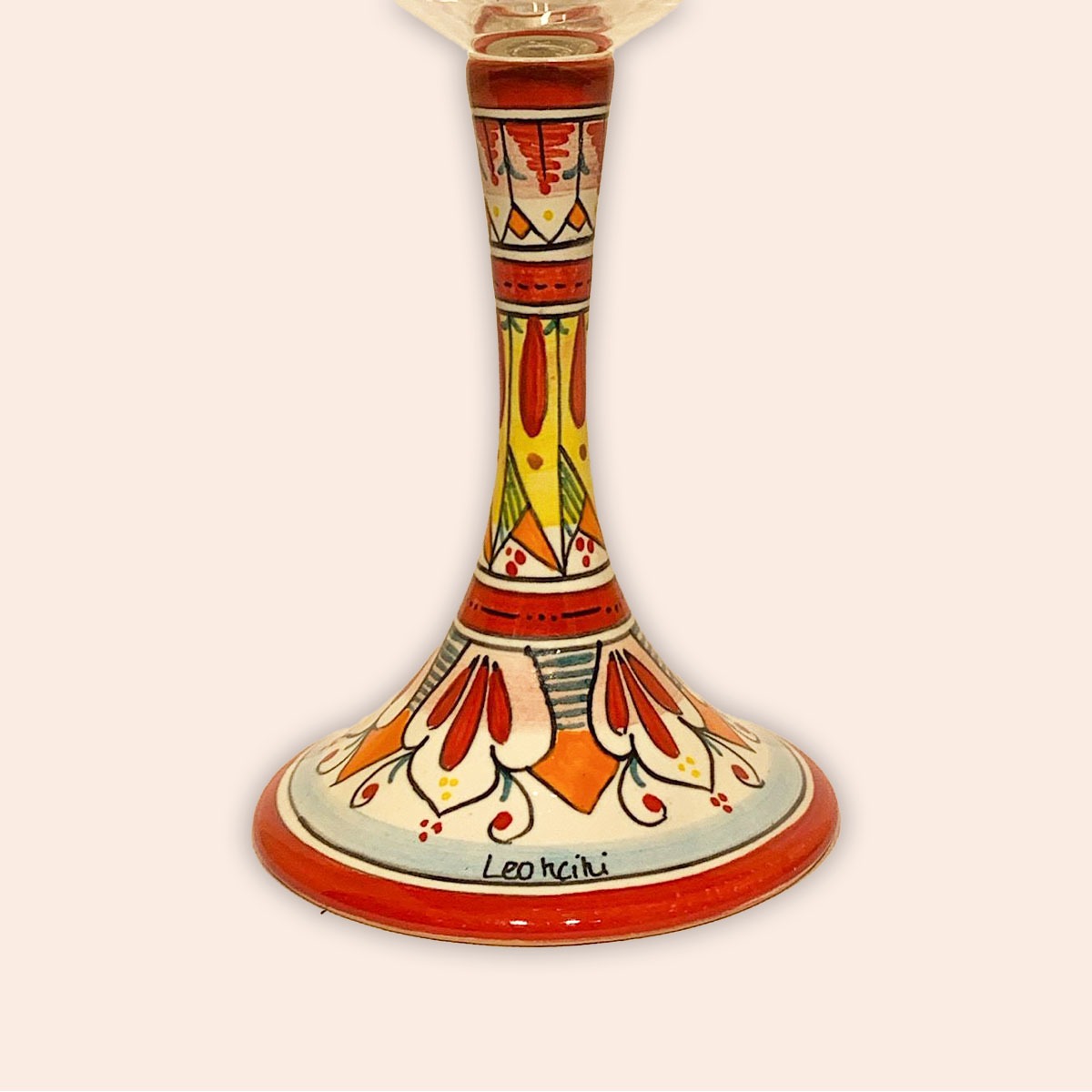 ELEGANT LEAD-FREE  CRYSTAL GLASS WITH CERAMIC STEM:  GEOMETRIC DESIGN IN RED cm.23h